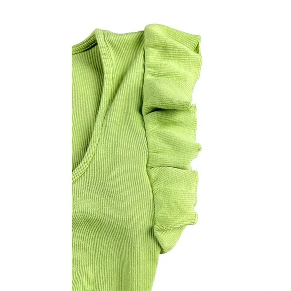 ZARA Womens Green Ribbed Crop Top Size S Ruched Front Ruffle Sleeve Stretch - Picture 2 of 5